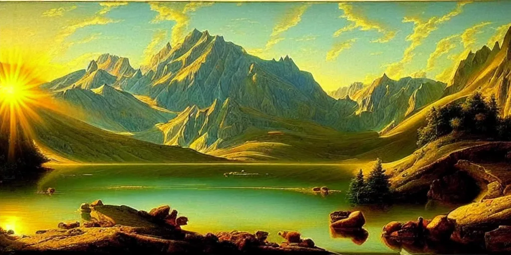 Image similar to a beautiful landscape, sun rises between two mountains, a lake in between the mountains, painting by john stephans, extremely detailed, hyper realism