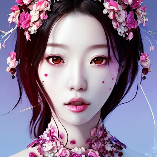 Prompt: the portrait of the absurdly beautiful, graceful, elegant, gorgeous, fashionable photorealistic anime kpop woman made of cherries and white petals with tears, an ultrafine hyperdetailed illustration by kim jung gi, irakli nadar, intricate linework, bright colors, octopath traveler, final fantasy, unreal engine highly rendered, global illumination, radiant light, intricate environment