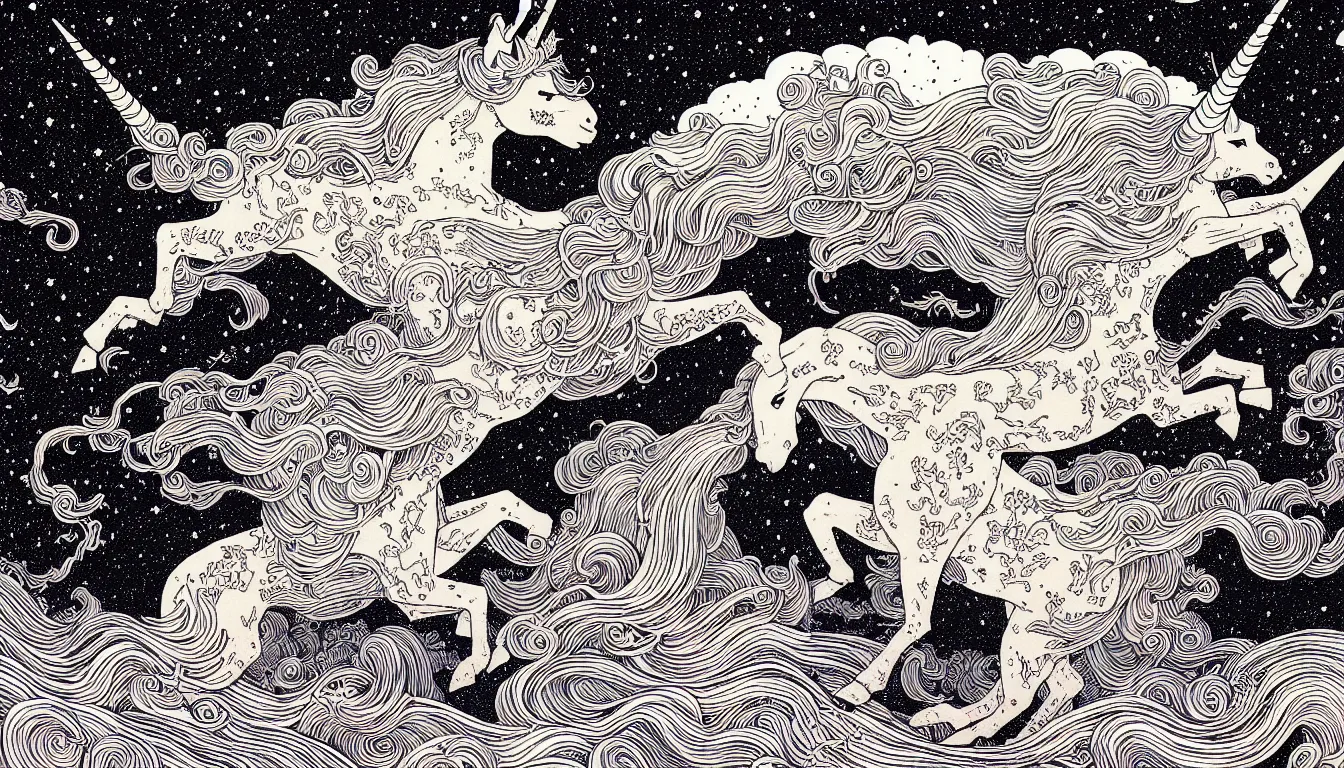 Prompt: unicorn by woodblock print, nicolas delort, moebius, victo ngai, josan gonzalez, kilian eng