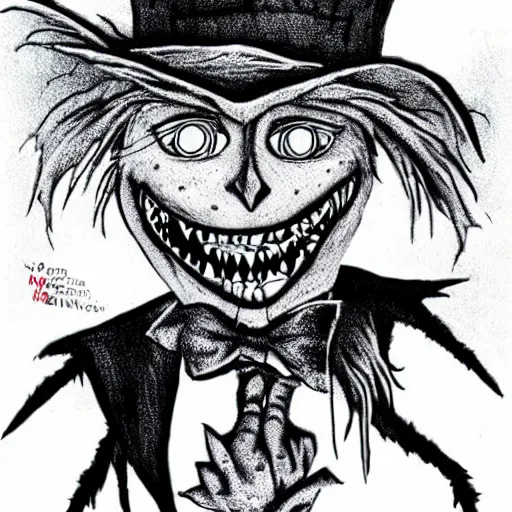 Image similar to a Pop Wonder scary horror themed goofy-hilarious-character Jack-Frost-Babadook-scarecrow-madhatter-williewonka-wearing a scarf, 3-piece-suit, dime-store-comic drawn with charcoal and pen and ink, half-tone-line-stacking