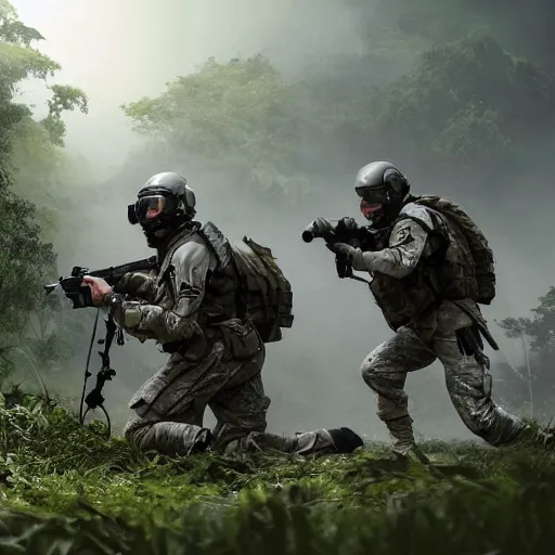 Prompt: Mercenary Special Forces soldiers in light grey uniforms with black armored vest and helmet defending a crashed helicopter in the jungles of Tanoa, combat photography by Feng Zhu, highly detailed, excellent composition, cinematic concept art, dramatic lighting, trending on ArtStation