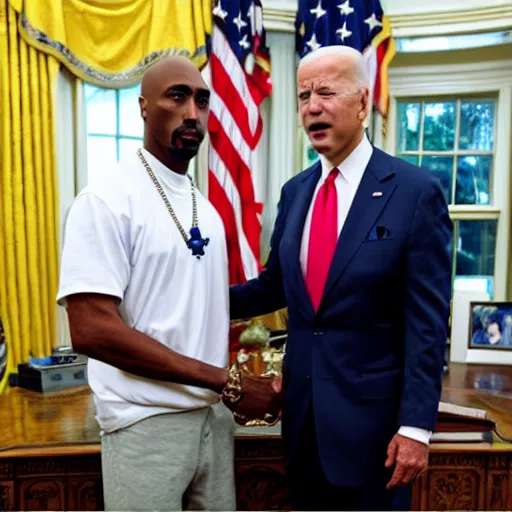 Image similar to tupac shakur visits joe biden at the oval office, photorealistic, ultra hd, 4 k, award winning, patriotic