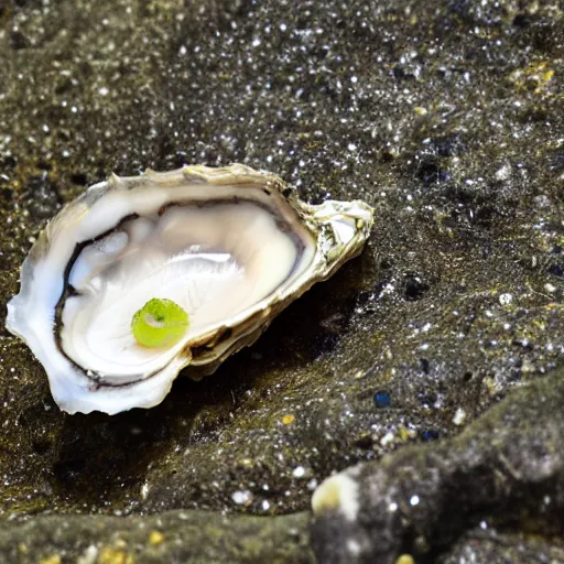 Prompt: an oyster in the water, smiling and looking up at the camera, rocks surround it in a light current of water