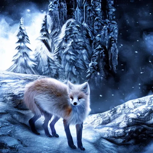 Image similar to alien ice fox walking through mountains, amazing landscape, 8k, digital art