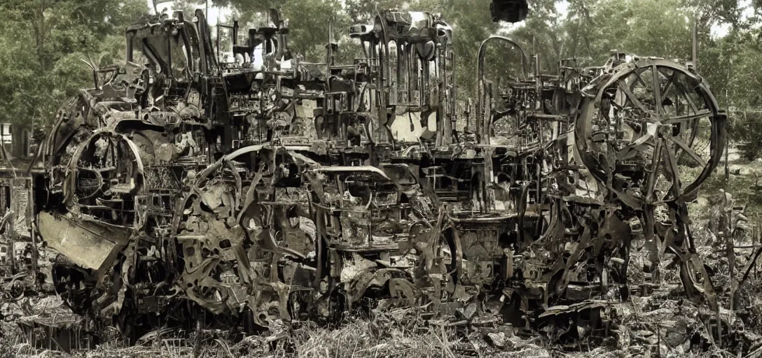 Prompt: the horrific machines of war are reclaimed by nature