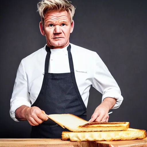 Image similar to Gordon Ramsay making a grilled cheese sandwich, professional still photograph, studio lighting