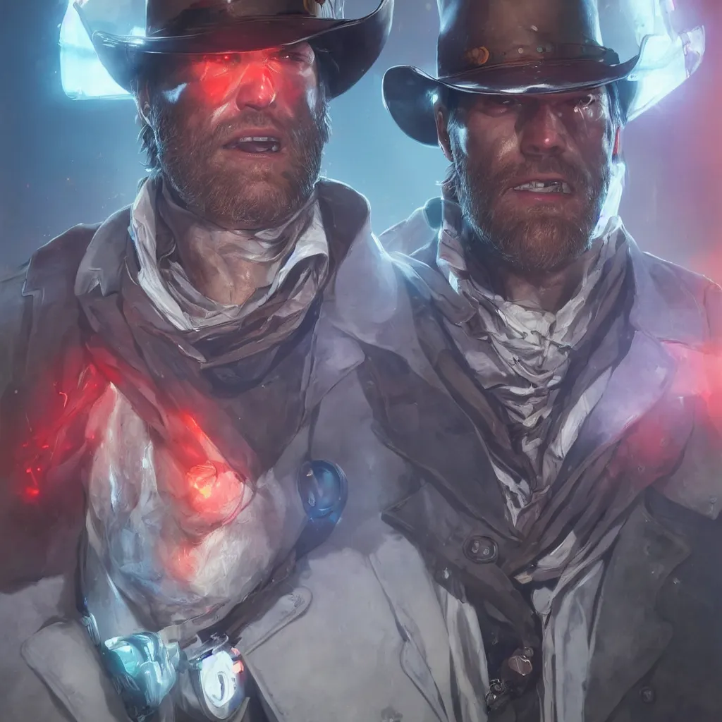 Image similar to a single close-up portrait of Arthur Morgan from Red Dead Redemption as a cyborg, hyper-realistic cyberpunk style, Peter Mohrbacher Takayuki Takeya moody, face by Yanjun Cheng, Irakli Nadar, dramatic cinematic lighting, trending on artstation, deviantart google images, pinterest