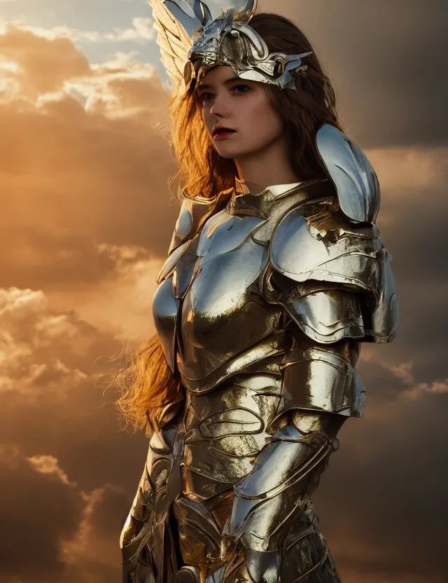 Prompt: Portrait of a fierce beautiful woman in angelic battle armor and wings, among the clouds, golden hour photography, cinematic, epic, 4k, stylized, hyperrealistic