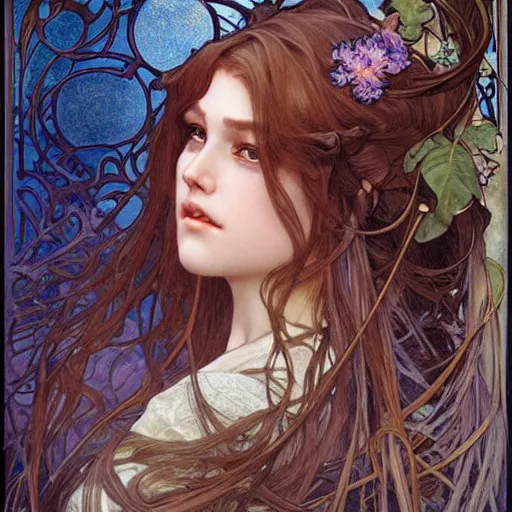 Prompt: realistic detailed face portrait of Rapunzel by Alphonse Mucha, Ayami Kojima, Amano, Charlie Bowater, Karol Bak, Greg Hildebrandt, Jean Delville, and Mark Brooks, Art Nouveau, Neo-Gothic, gothic, rich deep moody colors