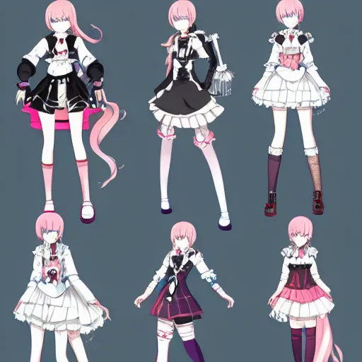 Image similar to fashion, shibuya, anime, game, characters reference sheet, high quality, ultra detailed , maid, full body