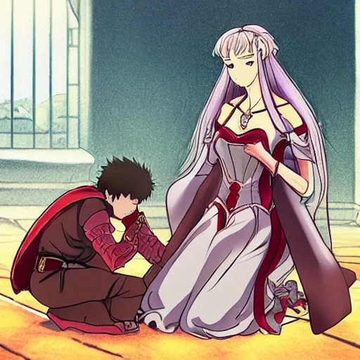 Image similar to detailed art of knight kneeling before a beautiful princess, anime ufotable