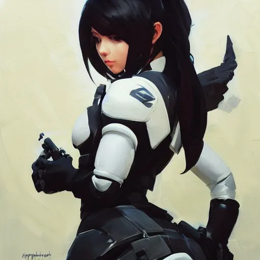 Image similar to greg manchess portrait painting of yorha type a no. 2 as overwatch character, medium shot, asymmetrical, profile picture, organic painting, sunny day, matte painting, bold shapes, hard edges, street art, trending on artstation, by huang guangjian and gil elvgren and sachin teng