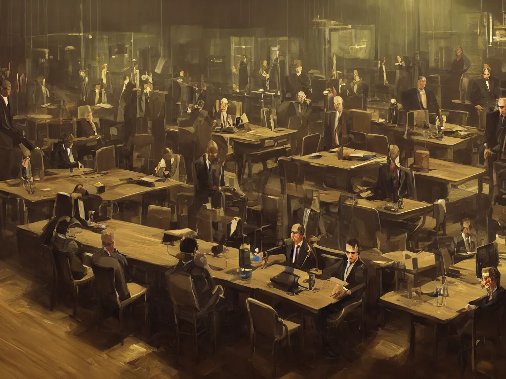Prompt: a conspiracy of men in suits with tie sitting on a large table in a dark room in a painting from stalenhag, 4 k, 8 k, hdr, artstation, concept art