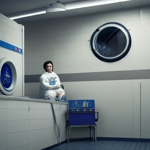 Image similar to a beautiful photo of an astronaut waiting in a laundromat, soft light, morning light, photorealistic, realistic, octane, 8k, cinematic shot