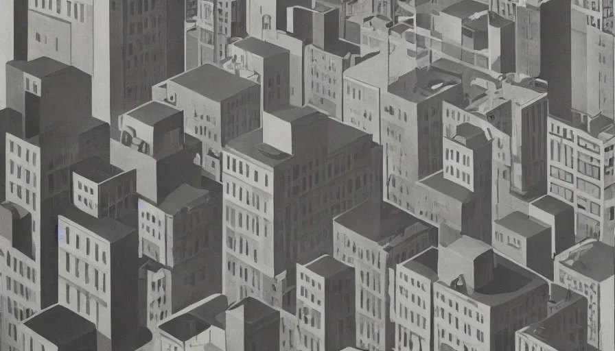 Image similar to american city, modern times, a weird apartment, four stories high, with a huge water tank on the roof. the color of the picture is gray, and the painting style is retro