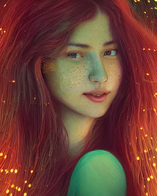 Image similar to a young woman, smiling, amazed by the lights of golden fireflies, sitting in the midst of nature fully covered, long loose red hair, intricate linework, dreamy green eyes, small nose with freckles, oval shape face, realistic, expressive emotions, dramatic lights, spiritual scene, hyper realistic ultrafine digital art by james jean and albert bierstadt and artgerm
