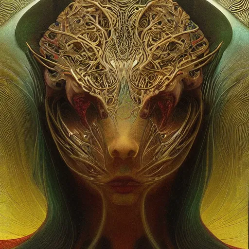 Image similar to portrait of a cyber creature from a parallel universe by alexander mcqueen, zdzisław beksinski and alphonse mucha. highly detailed, hyper - real, very beautiful, intricate fractal details, very complex, opulent, epic, mysterious, trending on deviantart and artstation