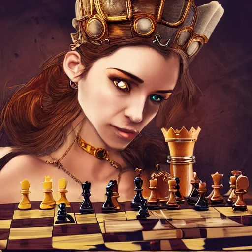 Prompt: queens gambit, woman playing chess, steampunk, high detail, digital art, smooth, featured on artstation