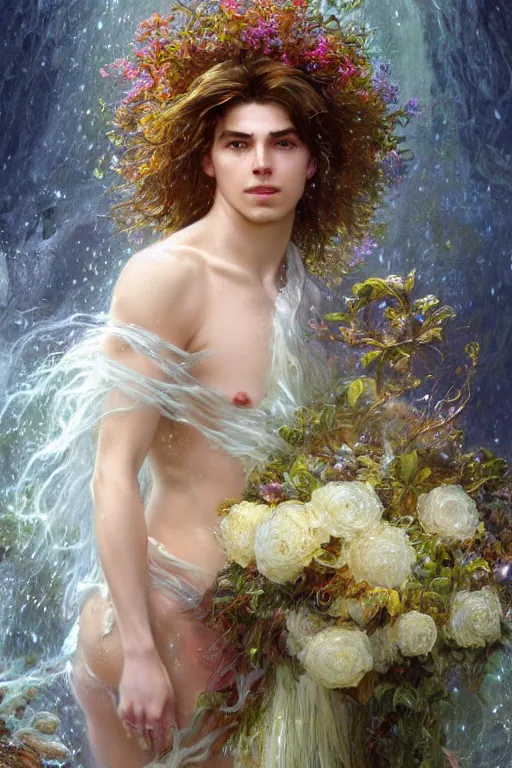 Prompt: portrait male anthro lion character wearing a white cloak, holding a bouquet of flowing flowers, water drenched body, wet dripping hair, emerging from the water, fantasy, regal, fractal crystal, fractal gems, by stanley artgerm lau, thomas kindkade, alphonse mucha, loish, norman rockwell