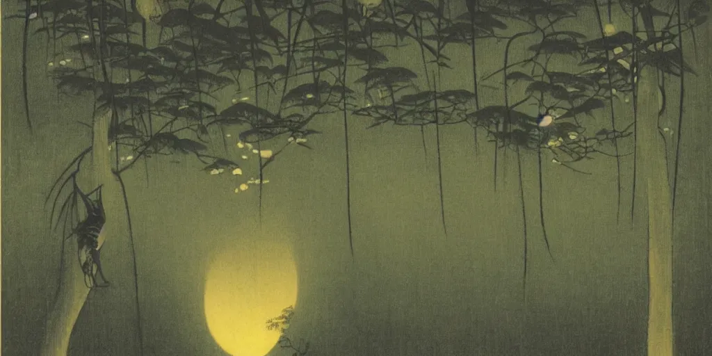 Image similar to rainforest at night by ohara koson, 1 9 1 0