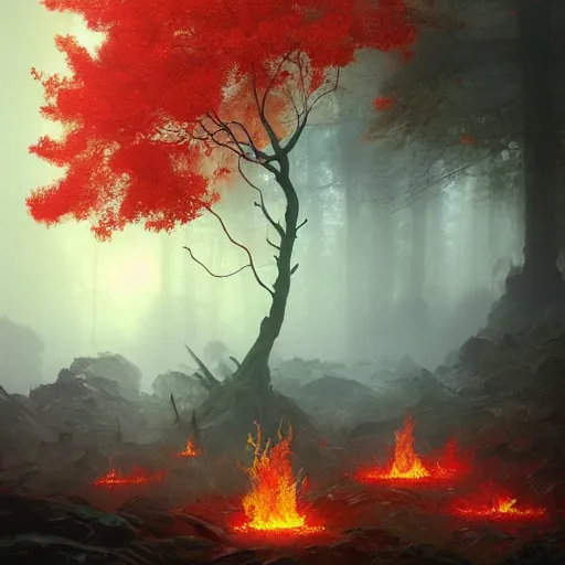 Image similar to A flaming forest , flaming leaves,fire ,Magma,Red stones are scattered, flame red ferns, flame red shrubs, huge flame Fantasy plant,covered in flame red porcelain vine, artstation,by Jakub Rozalski