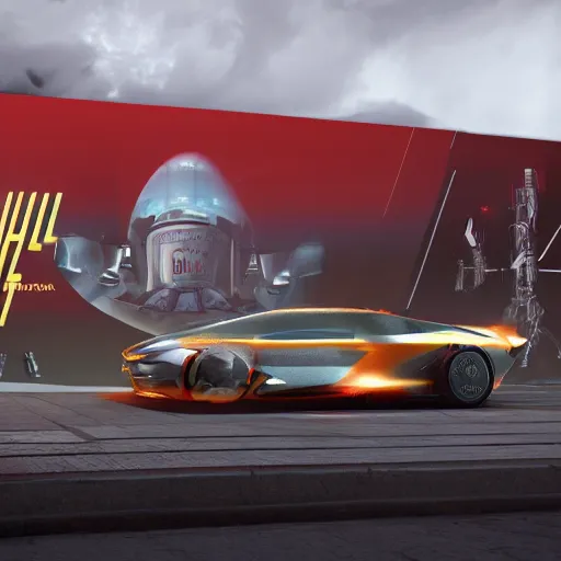 Image similar to sci-fi wall structure logotype and car on the coronation of napoleon painting and digital billboard in the middle, unreal engine 5, keyshot, octane, artstation trending, ultra high detail, ultra realistic, cinematic, 8k, 16k, in style of zaha hadid, in plastic, dark, tilt shift,