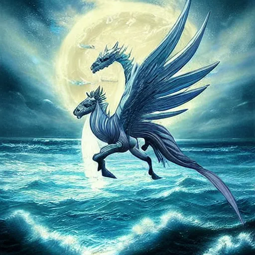 Prompt: a beautiful, celestial, oceanic drakopegasus rising from the sea toward the stars, fantasy art,