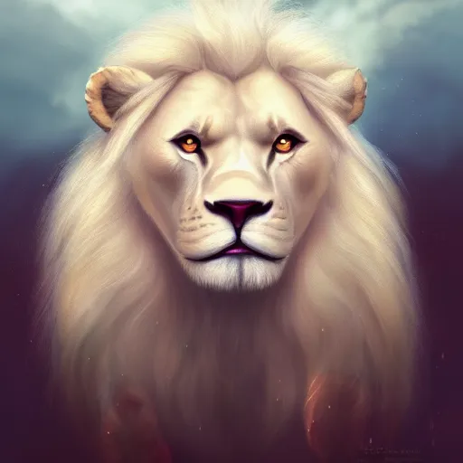 Image similar to a beautfiul aesthetic commission portrait of a anthro albino lion looking at the sky worried,attractive beautiful face,detailes face,expression,natural lighting,fantasy art,deviantart,artstation,character design by charles bowater,ross tran,4k,photorealistic,heaven-like,greg rutkowski