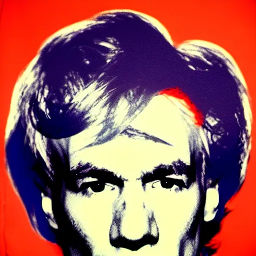 Image similar to colour portrait of angry andy warhol, 20 years old, who looks straight into the camera, with shoulders visible in the frame. in the style of andy warhol