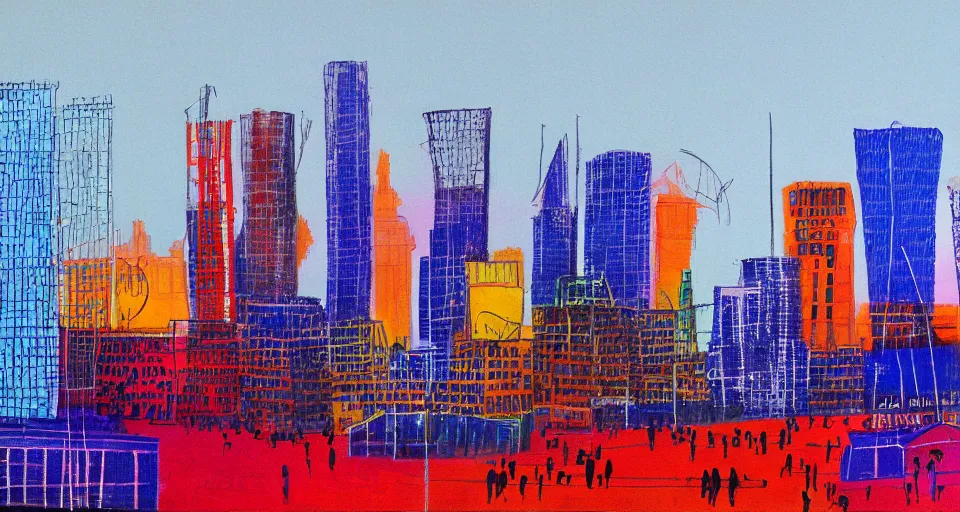 Image similar to color sketch of the london skyline, highly detailed, dramatic lighting, intense shadows, rich deep colours, by david hockney