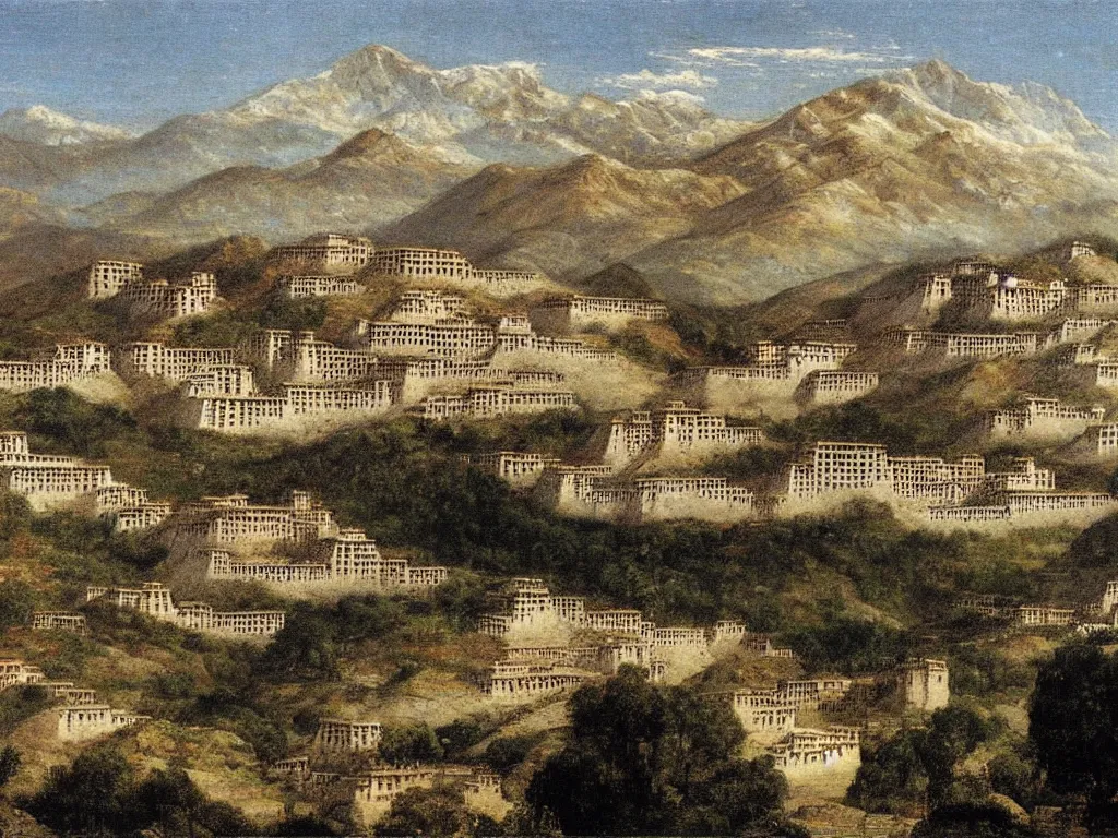 Image similar to View of the old Lhasa. Painting by Arnold Bocklin