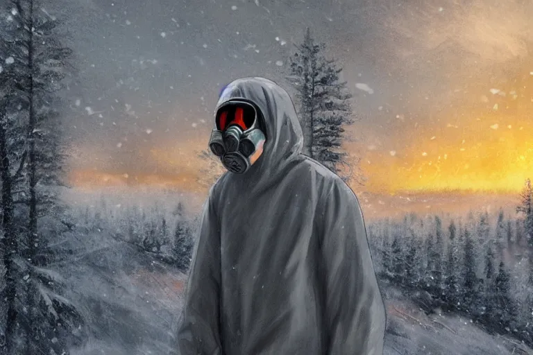 Image similar to ryan church jon mccoy concept art mood painting man wearing grey hazmat suit gp - 5 gas mask sitting against concreate wall snow covered field watching the beautiful winter sunrise burning ruins in background forest