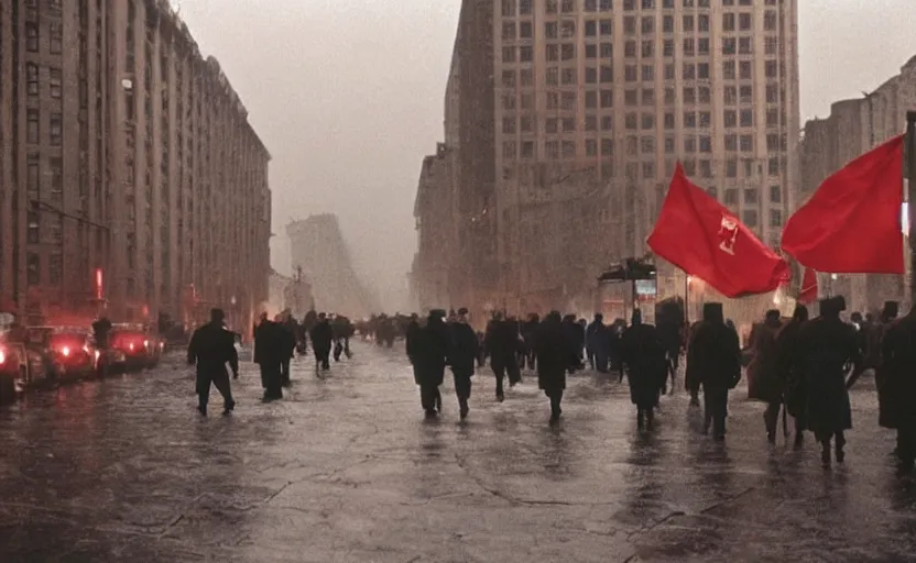 Prompt: 40s movie still of a sovietic street with pedestrians with stanilist style highrise in the backround , Cinestill 800t 18mm, heavy grainy picture, very detailed, high quality, 4k panoramic, HD criterion, dramatic lightning, streetlight at night, rain, mud, foggy, soviet flags