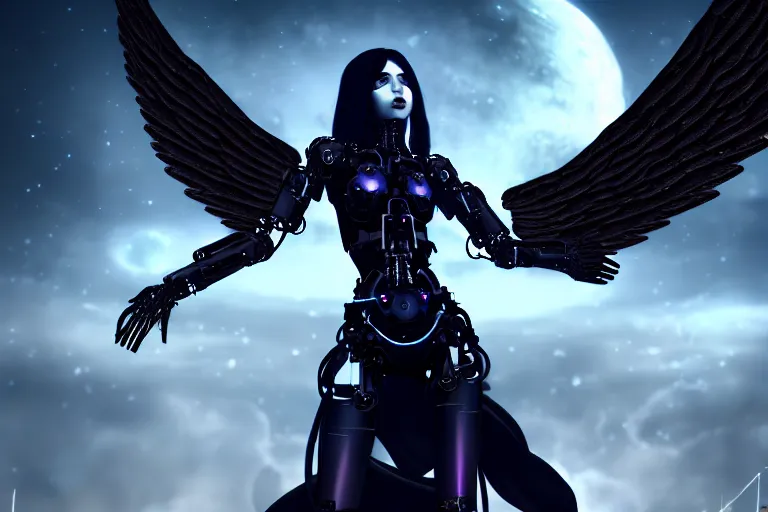 Prompt: gothic girl hybrid cyborg angel wearing cybor clothes shaping the universe, eerie, cinematic, epic, 8 k, ultra realistic, rendered by awesomeness. | nights falling wind is blowwing snow is pilling concept art. | backround of beautiful floweres