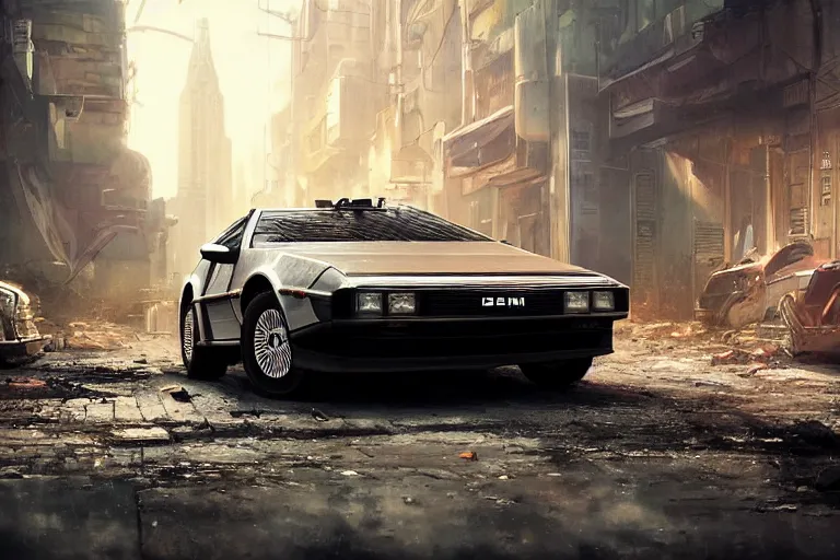 Image similar to highly detailed photograph of a delorean parked on the streets of a cyberpunk abandoned city, doors are open, by greg rutkowski and stanley artgerm and alphonse mucha, octane, sharp focus, hyperrealistic, masterpiece