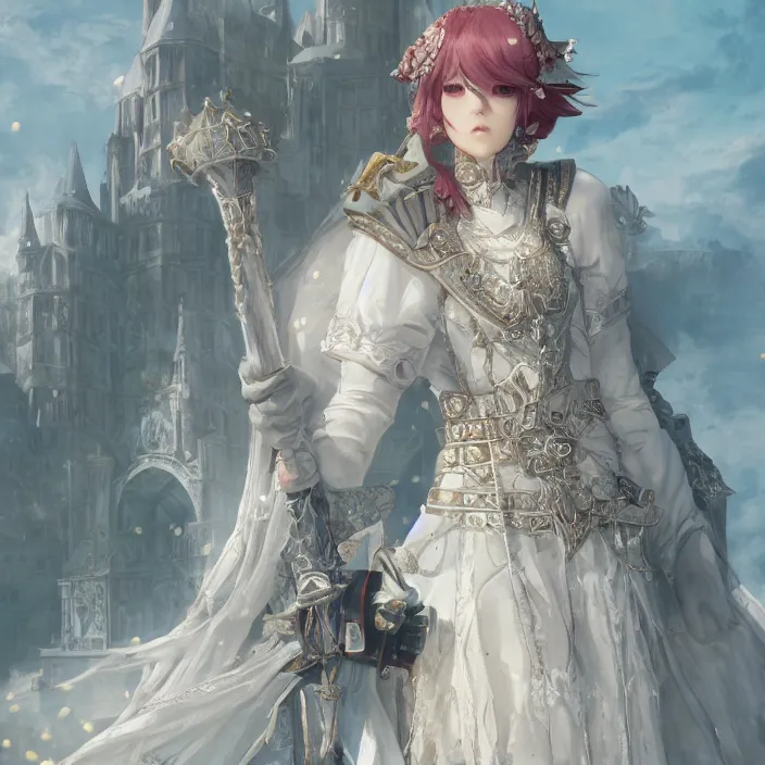 Prompt: character portrait princess of the white herald on an imperial castle, hidari, color page, tankoban, 8 k, tone mapping, akihiko yoshida, cinematic lighting, elegant, digital painting, artstation, haze, sharp focus