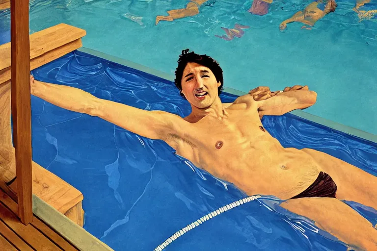 Image similar to justin trudeau in a swimming pool in a house in california, magazine centerfold, by david hockney, peter doig, lucien freud, francis bacon, bouguereau, norman rockwell, pop realism