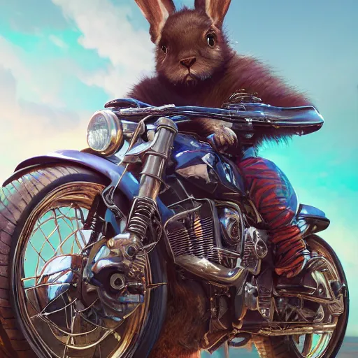 Image similar to highly detailed portrait of a biker rabbit in gta v, stephen bliss, unreal engine, fantasy art by greg rutkowski, loish, rhads, ferdinand knab, makoto shinkai and lois van baarle, ilya kuvshinov, rossdraws, tom bagshaw, global illumination, radiant light, detailed and intricate environment