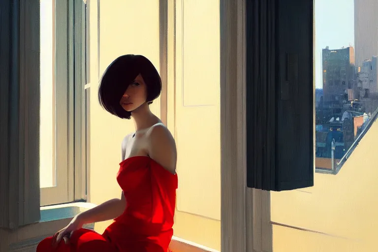 Image similar to A ultradetailed beautiful panting of a stylish woman sitting next to a window of a moders apartment, Oil painting, by Ilya Kuvshinov, Greg Rutkowski and Makoto Shinkai