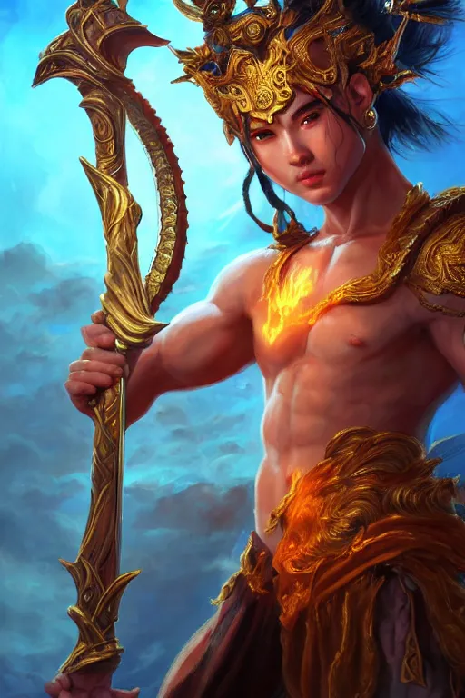 Image similar to a masterpiece portrait of nezha, legendary god holding spear, boy, flame everywhere, epic pose, fantasy character portrait, closeup shot, hyper detailed, digital painting, 8 k realistic, trending on artstation, sharp focus, dof, by fenghua zhong, artgerm, ne zha from smite, jeff easley, raymond swanland