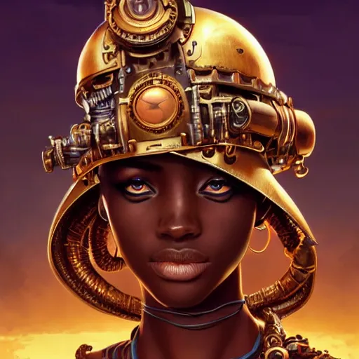 Image similar to african steampunk alchemist, science fiction, highly detailed, digital painting, beautiful eyes, symmetry, concept art, sharp focus, illustration, global illumination, radiant light, detailed and intricate environment, art by artgerm and greg rutkowski and magali villeneuve and ilya kuvshinov!