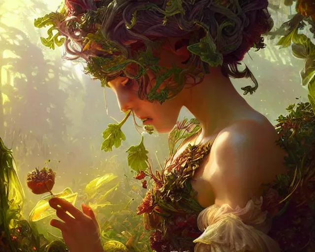 Image similar to drug acid trip forest garden giant vegetables, deep focus, d & d, fantasy, intricate, elegant, highly detailed, digital painting, artstation, concept art, matte, sharp focus, illustration, hearthstone, art by artgerm and greg rutkowski and alphonse mucha