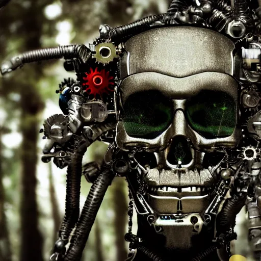 Image similar to super detailed portrait of a terminator's head, packed with cybernetics and and borg enhancements. In a forest with bokeh. Lots of Gears visible. Vegetation id growing out of it