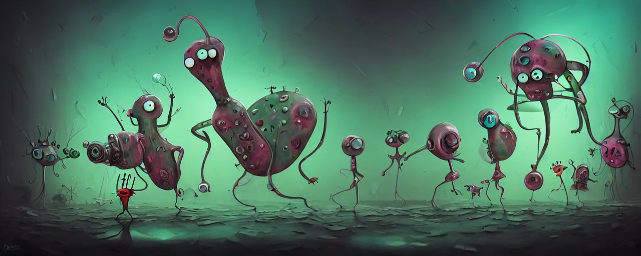 Image similar to wild whimsical plankton mutants from the depths of a wasteland deep in the imaginal realm, dramatic lighting, surreal fleischer cartoon characters, shallow dof, surreal painting by ronny khalil