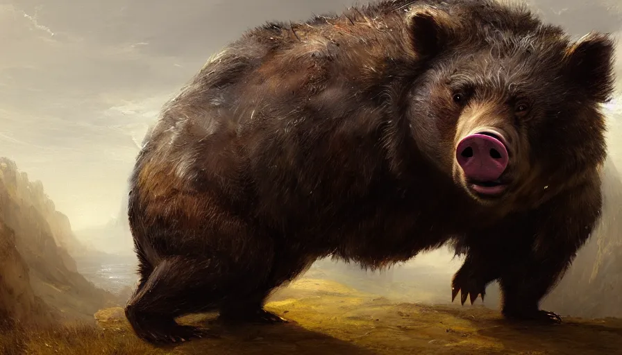 Image similar to highly detailed painting of a half bear half man pig creature by william turner, by greg rutkowski, by william constable, thick brush strokes and visible paint layers, 4 k resolution