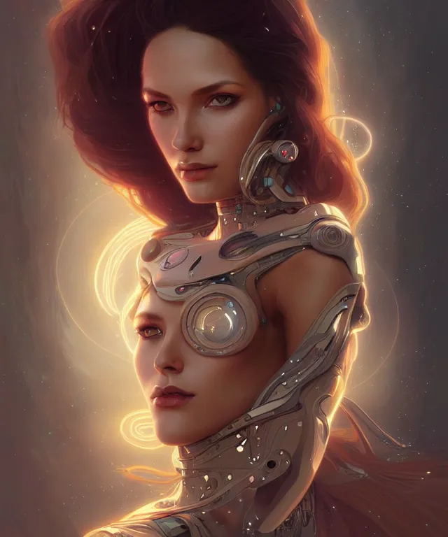 Image similar to futuristic woman portrait, sci-fi, amber eyes, face, long hair, fantasy, intricate, elegant, highly detailed, digital painting, artstation, concept art, smooth, sharp focus, illustration, art by artgerm and greg rutkowski and alphonse mucha