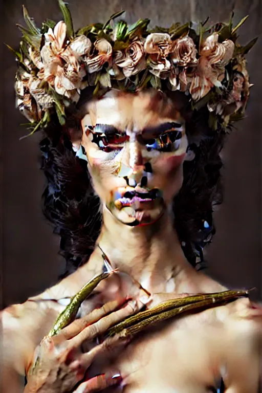 Prompt: portrait of a Brazilan Supermodel wearing a floral crown, olive skin, long dark hair, beautiful bone structure, art deco, fantasy, intricate flower designs, elegant, highly detailed, sharp focus, art by Greg Rutkowski