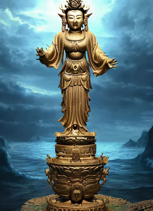 Image similar to guanyin stand on big loutus, a godness of the southern seas, a realistic setting with muted colors, visual novel cover, by yoshitaka amano, zeng fanzhi, jane hamilton, tiffany studios, sunrays shine uponit, frostbite 3 engine, cryengine, dof, trending on artstation, digital art, fantasy detailed background