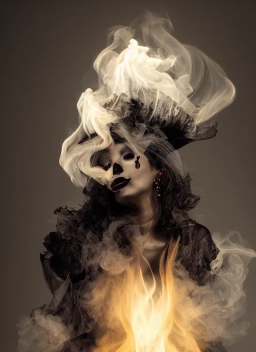 Image similar to a Photorealistic dramatic hyper realistic render of a glamorous Mexican ghost smoke by Ken Brower and Deborah Ory, Lois Greenfield, Beautiful dynamic dramatic dark moody lighting, volumetric, shadows, cinematic atmosphere, Octane render, 8K