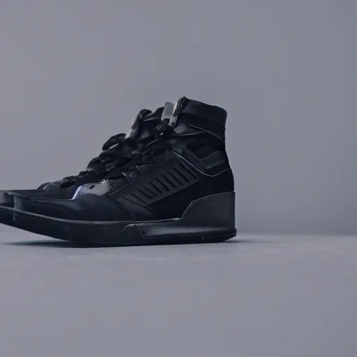 Image similar to Black sneakers inspired by the F-117 Nighthawk, studio lighting, photography, 60mm, f4